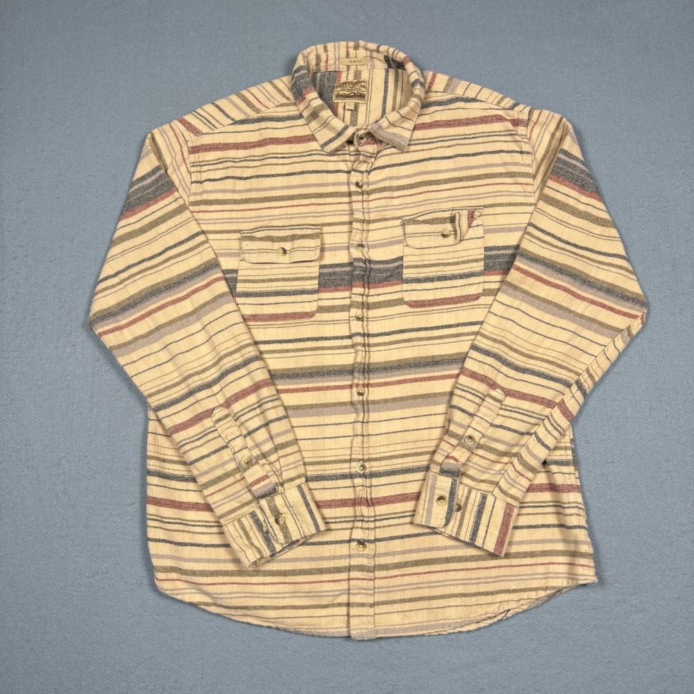 Free Nature Flannel Shirt Men Large Beige Striped Slim Fit Button Up Long Sleeve